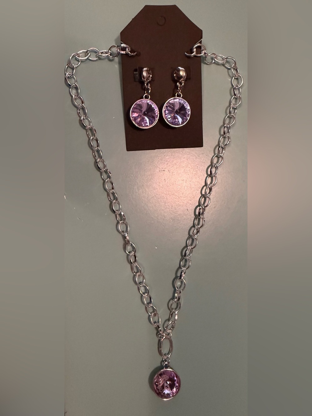 Silver Chain Necklace with Lavender Crystal Centerpiece & Matching Drop Earrings